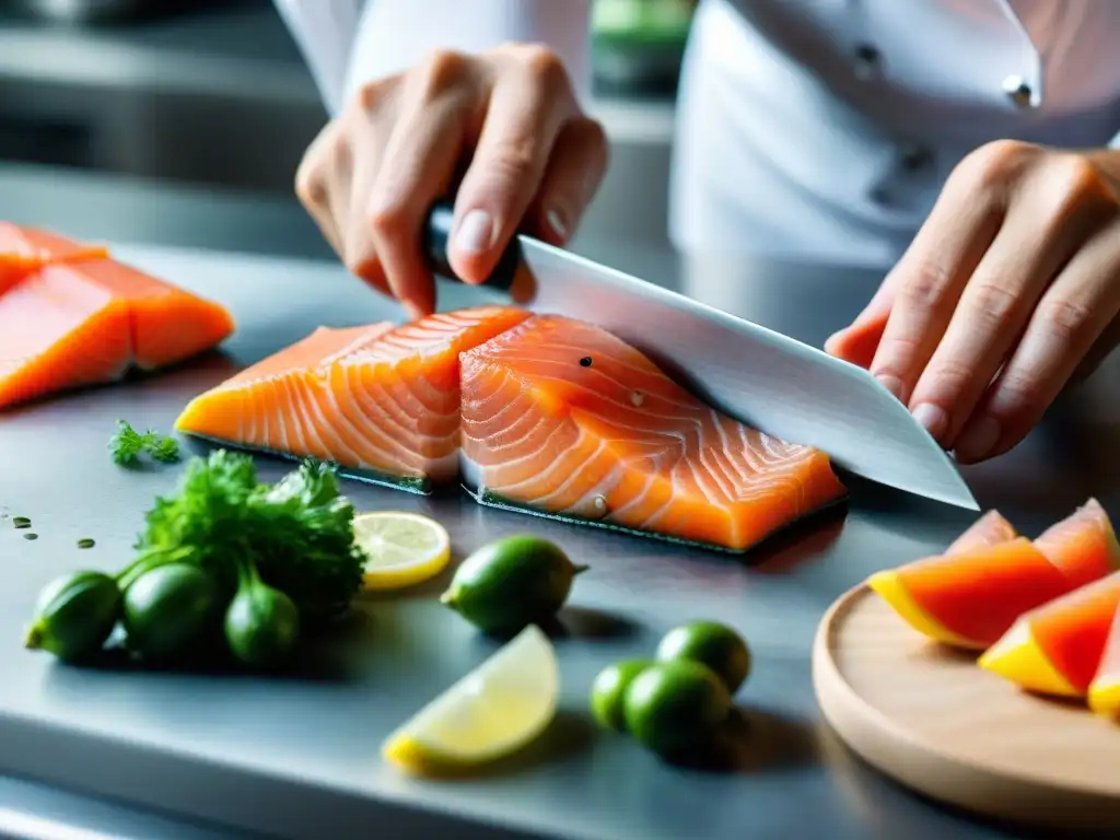 Un chef experto corta finas lonchas de salmón para preparar Carpaccio de Salmón en una cocina profesional