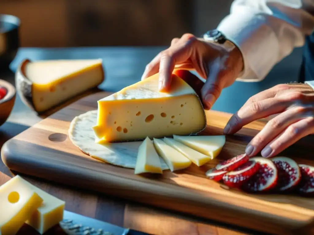 Un chef experto corta finas lonchas de queso Comté sobre tabla de madera rústica, con luz ambiental