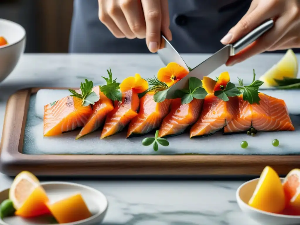 Un chef experto corta finas láminas de salmón fresco en un elegante carpaccio de salmón receta francesa