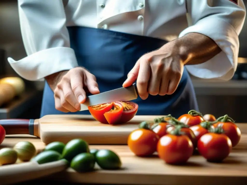Un chef experto corta una jugosa tomate rojo con una mandolina francesa, logrando cortes perfectos