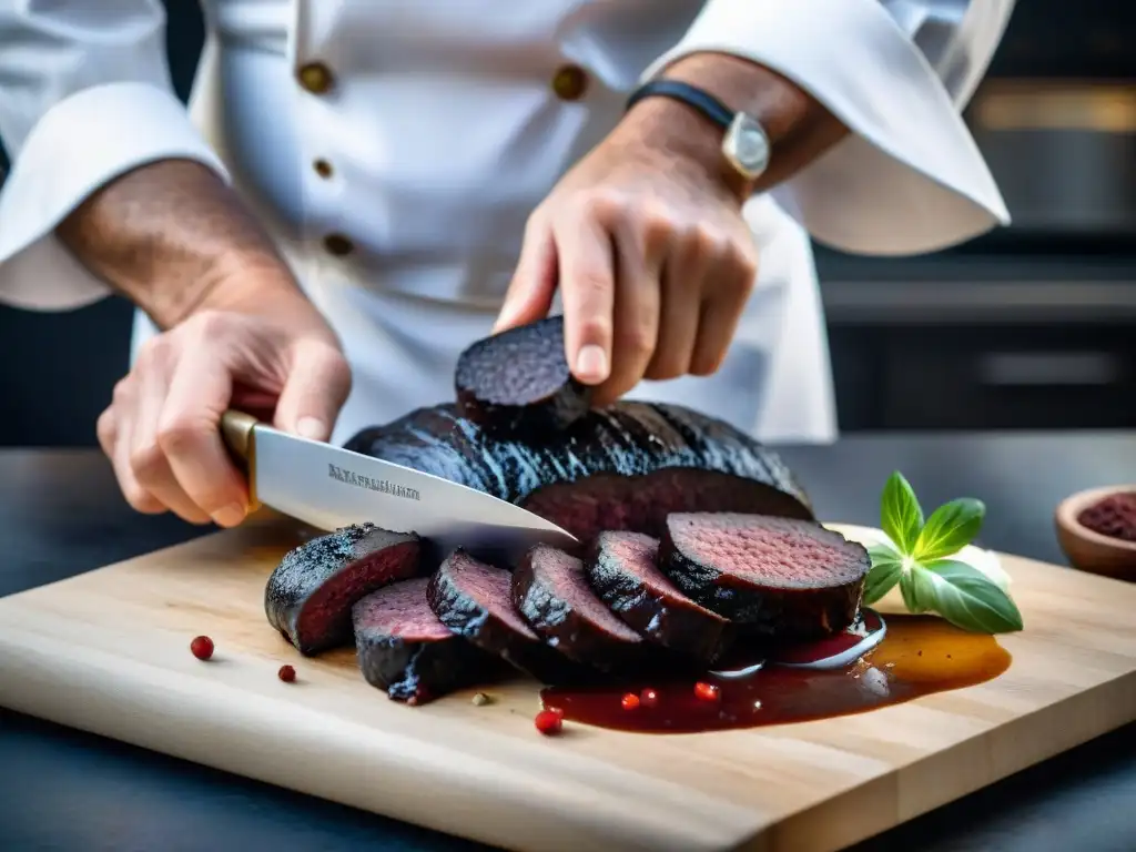 Un chef experto corta con precisión un Boudin Noir a la Normande recién cocido, mostrando su textura y color