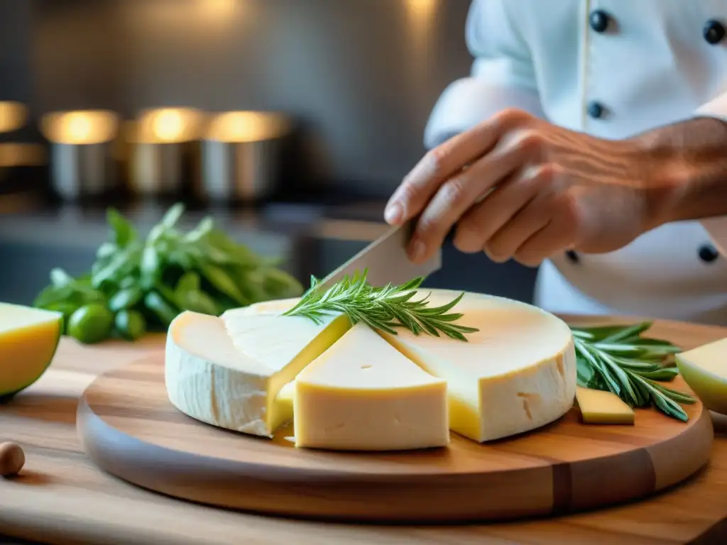 Un chef experto corta con precisión una rueda de brie, mostrando su textura cremosa