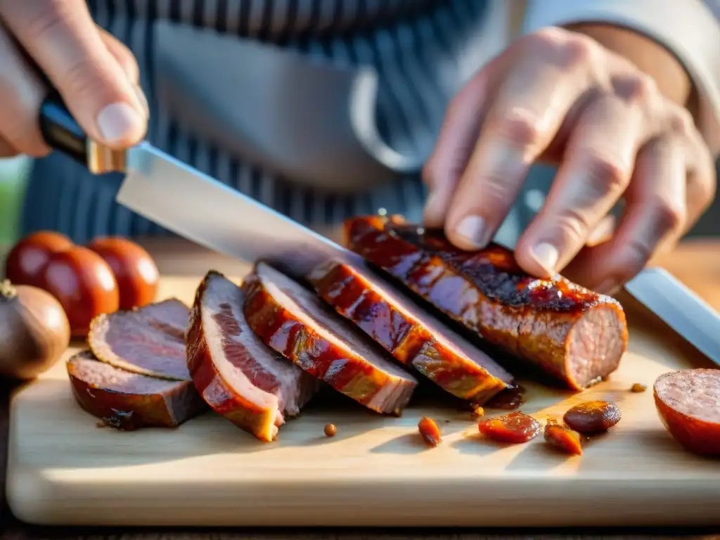 Un chef experto corta con precisión una Andouille de Vire, resaltando sus capas y marmoleado