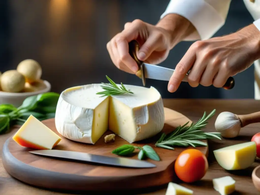 Un chef experto corta un queso Camembert maduro en una cocina rústica de Picardía, mostrando la artesanía culinaria francesa y la cocina local