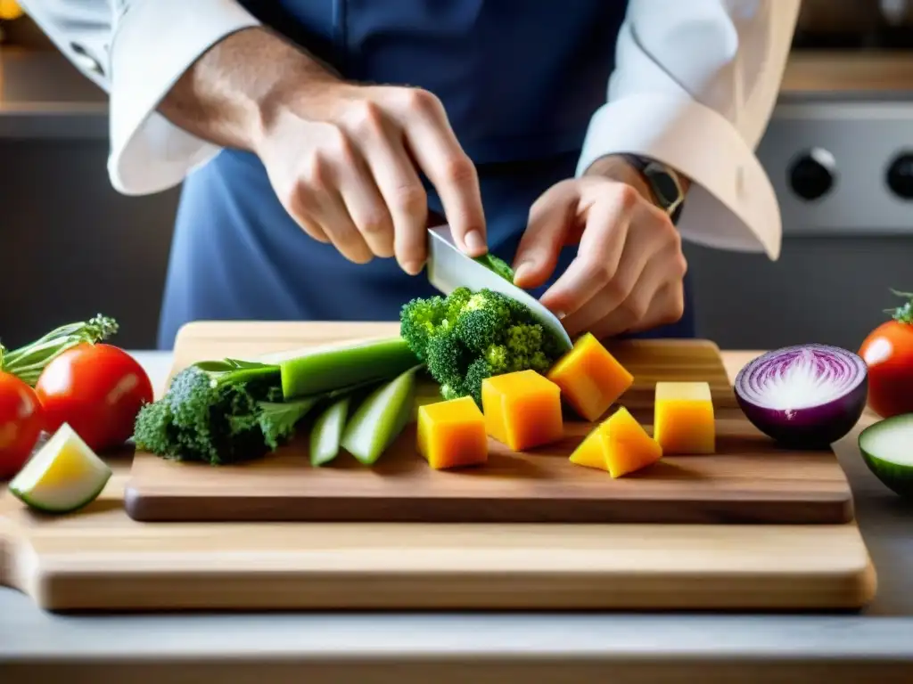 Un chef experto corta vegetales en brunoise con precisión en técnica brunoise cocina francesa