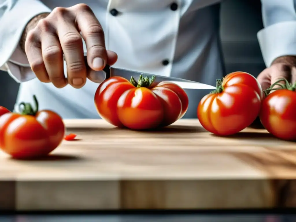 Un chef experto realiza cortes de cuchillos en cocina francesa, destacando elegancia y maestría