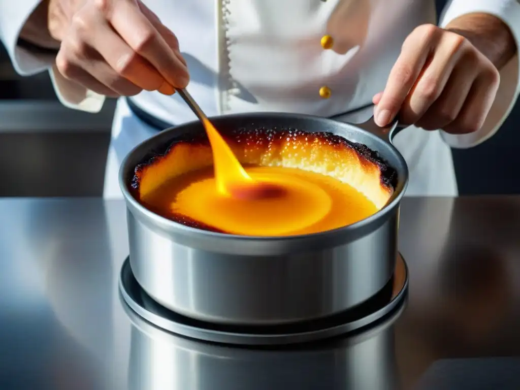 Un chef experto caramelizando una crème brûlée, mostrando la técnica francesa