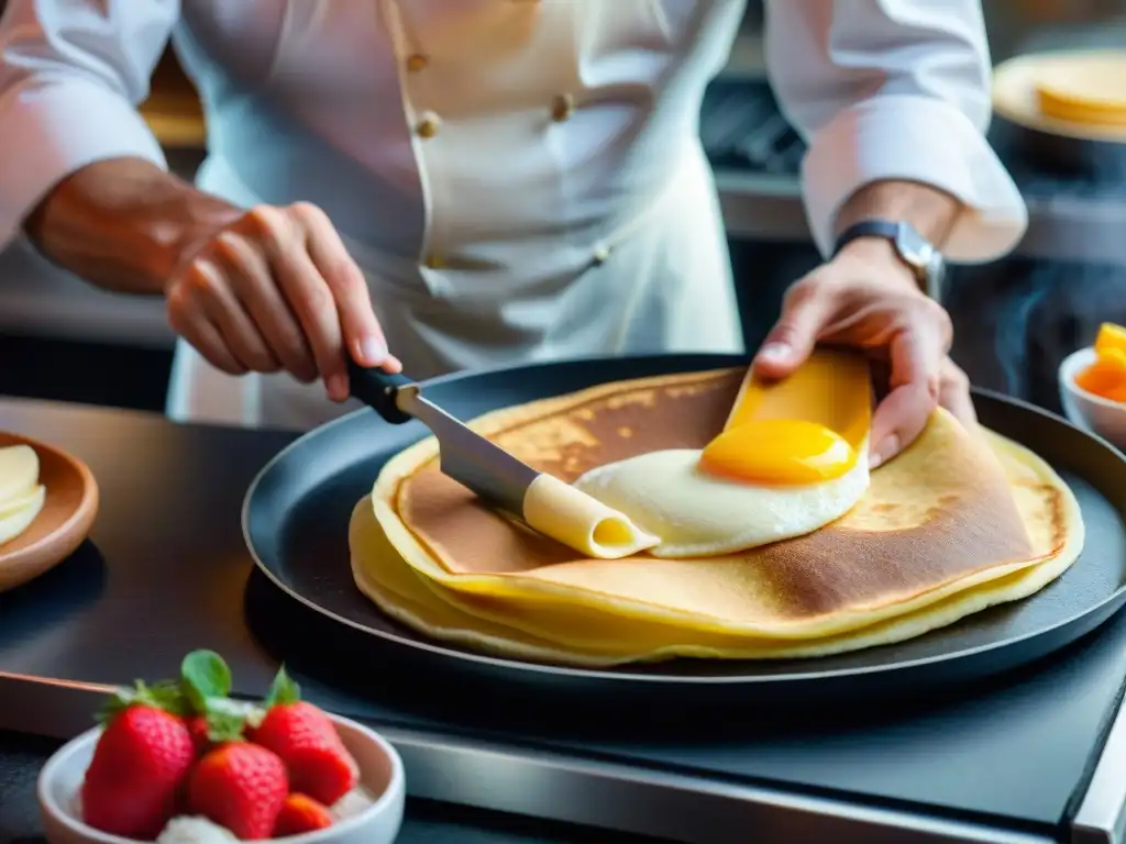 Un chef experto preparando crepas en una crepera francesa de alta gama, mostrando la técnica y arte culinario