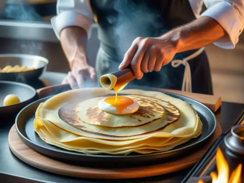 Un chef experto en crepas francesas preparando una crepa delgada y perfecta en una crepería tradicional