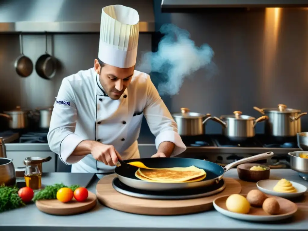 Un chef francés experto cocina una crêpe en una sartén, transmitiendo la esencia de las recetas tradicionales cocina francesa