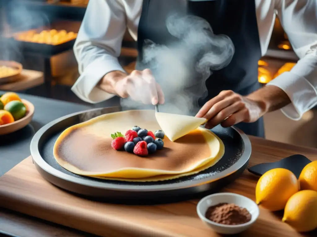 Maestro crepero: arte y precisión en una auténtica crepería francesa Un chef experto en una crepera para auténticas crepes francesas, preparando una crepe con destreza y precisión en un ambiente tradicional y acogedor