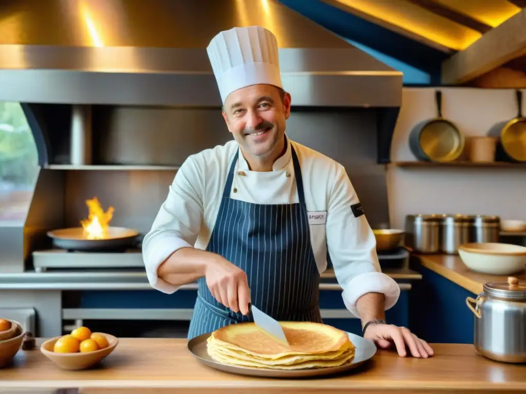 Un chef experto en una crepería bretona tradicional, influencia culinaria en acción