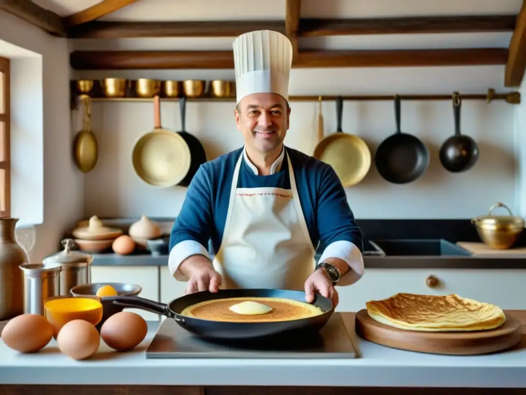 Un chef experto preparando crêpes bretonas en una cocina tradicional, evocando recetas auténticas