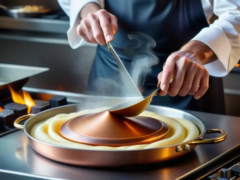 Un chef experto preparando crêpes bretonas en sartén de cobre tradicional