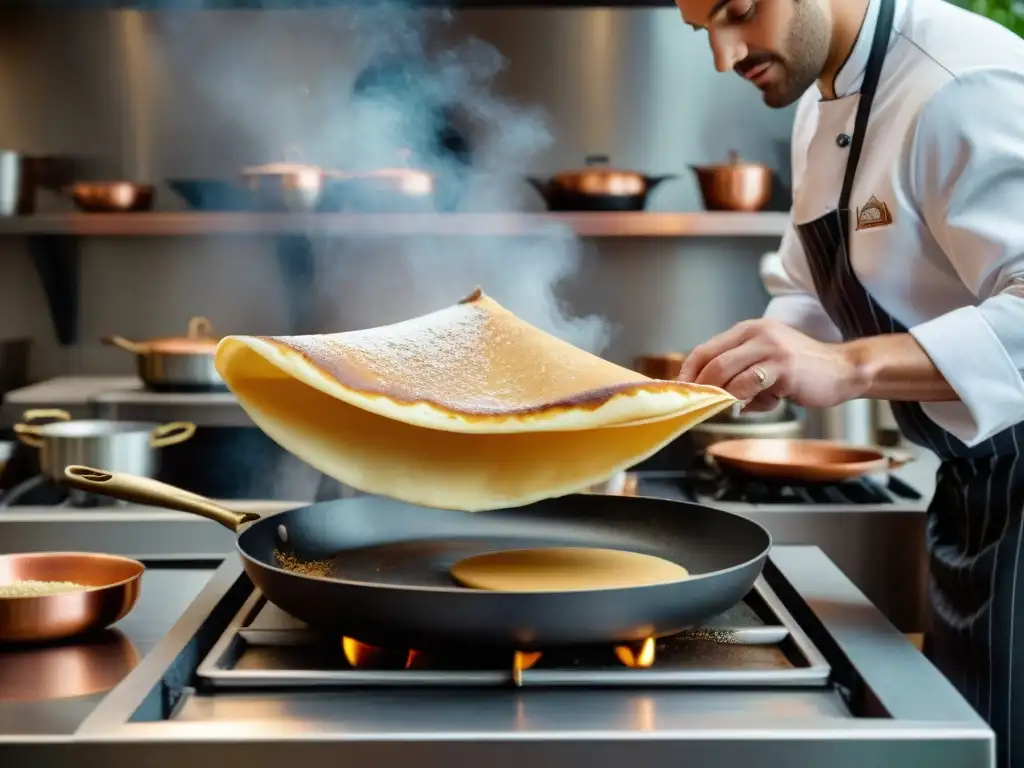 Chef francés experto preparando crepes en una cocina tradicional, capturando la esencia de la gastronomía francesa