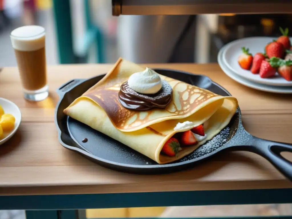 Crepería tradicional: arte culinario francés en un pintoresco pueblo Un chef experto prepara crepes en una crepera para auténticas crepes francesas en un encantador pueblo francés