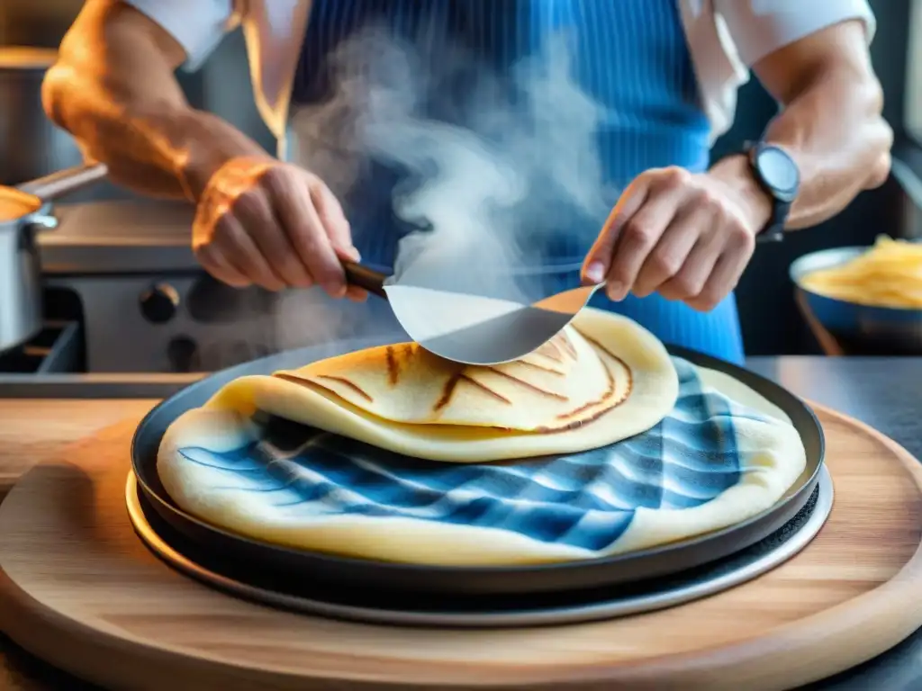 Chef experto preparando crepes en Bretaña con destreza y pasión en un ambiente atmosférico y encantador