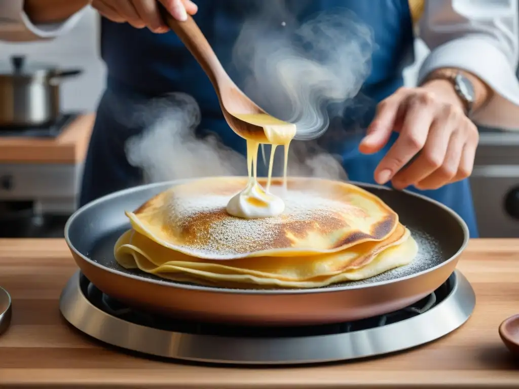 Un chef experto prepara crêpes, mostrando la diferencia de dorado y textura