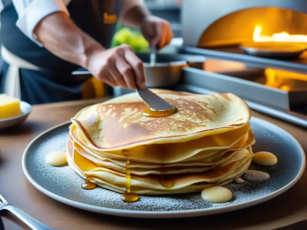 Un chef experto prepara crêpes doradas en una tradicional crêperie bretona, mostrando la esencia de las recetas tradicionales de crêpes bretonas