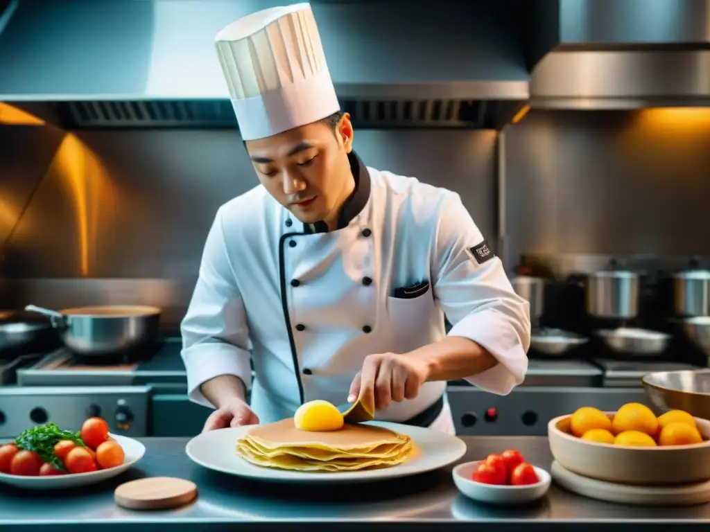 Un chef experto preparando crepes rellenos asiáticos innovadores en una cocina bulliciosa