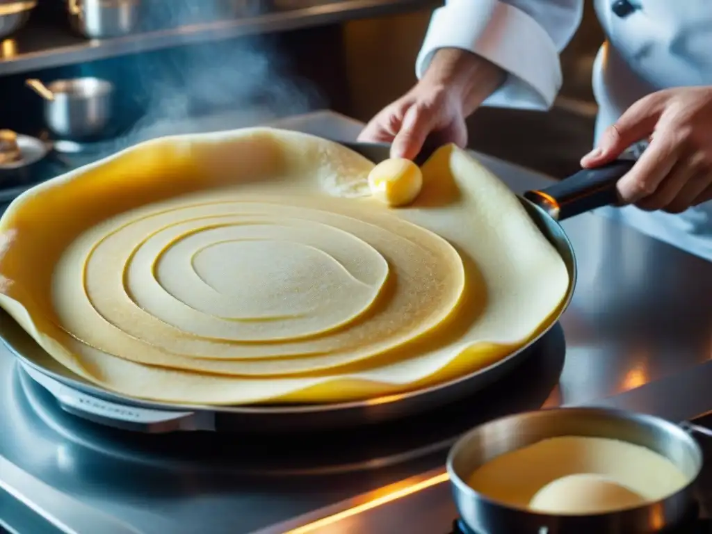 Chef francés experto preparando crepes, capturando la tradición de las recetas tradicionales de creperías francesas