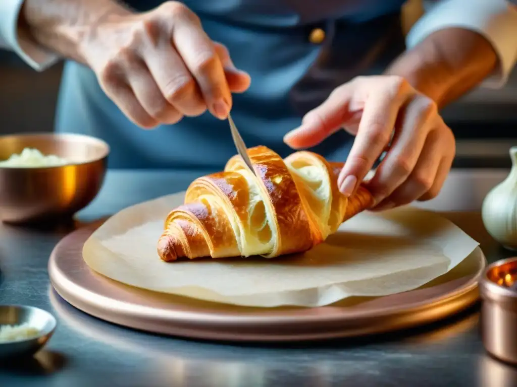 Chef francés experto preparando un croissant desde cero en una panadería tradicional