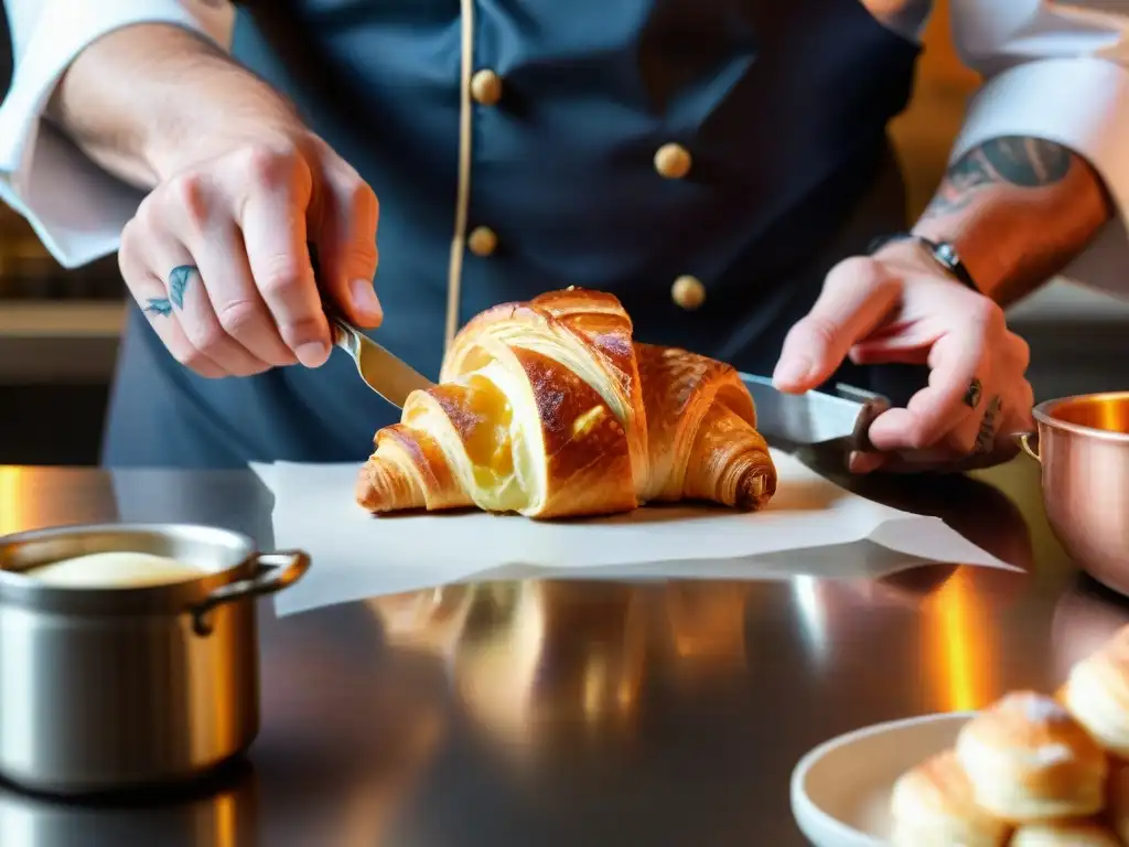 Un chef experto elabora un croissant en una panadería francesa con técnicas de cocina francesa avanzadas