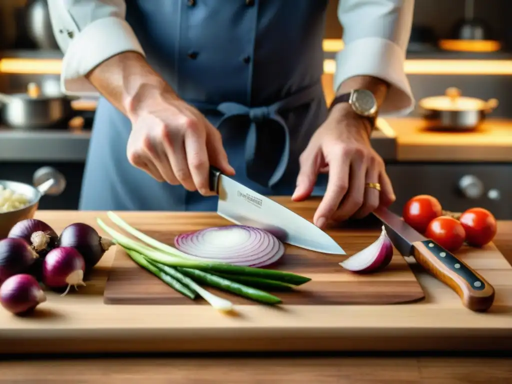 Un chef experto usa un cuchillo de chef francés para picar finamente chalotas en una tabla de cortar de madera