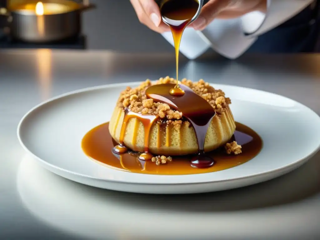 Un chef experto vierte con cuidado salsa de caramelo infusionada con Calvados sobre un crumble de manzana