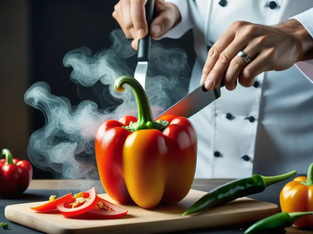 Un chef experto talla una decoración detallada en un pimiento rojo, demostrando técnicas avanzadas de tallado de vegetales