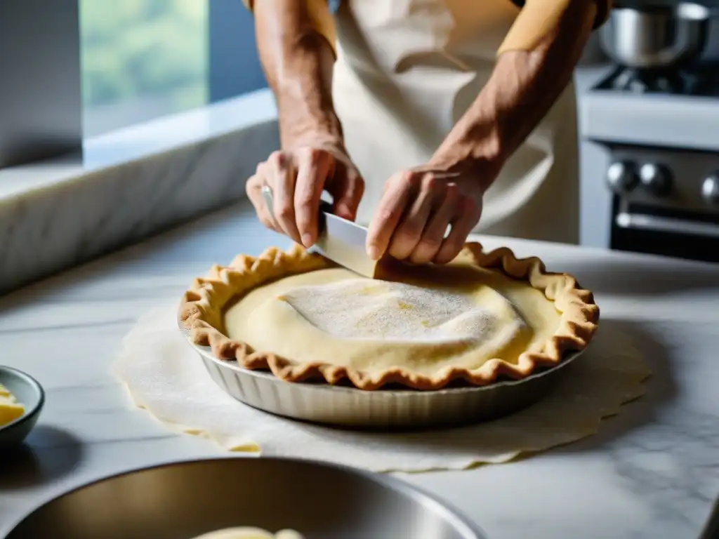 Un chef experto amasando una delicada masa de quiche en mármol, mostrando las técnicas para quiche perfecto