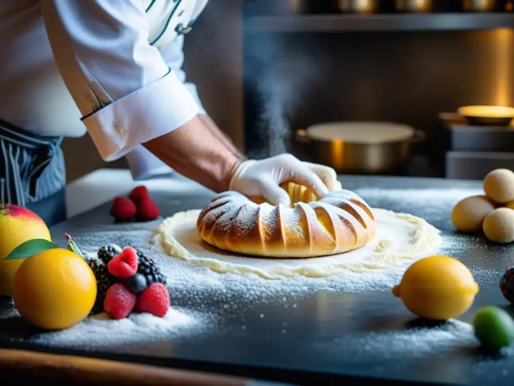 Un chef experto creando una delicada pastelería francesa, resaltando la precisión y el arte culinario