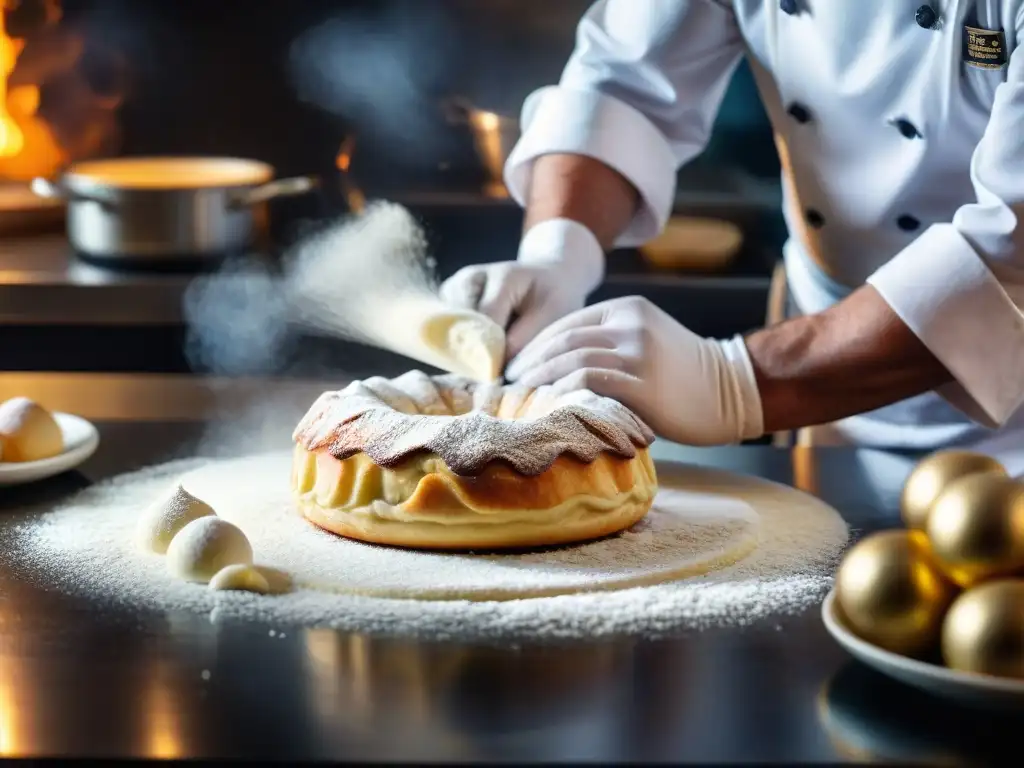 Un chef experto creando una delicada pastelería francesa en una cocina profesional, con un ambiente inmersivo