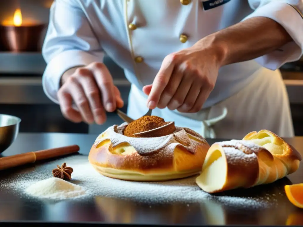 Un chef experto crea una delicada pastelería francesa, con destreza y precisión