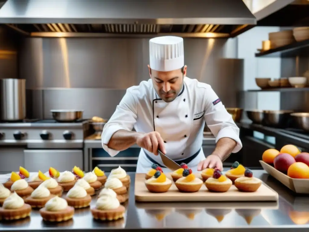 Chef francés experto creando un delicado postre en una cocina parisina, reflejando la elegancia y arte culinario francés