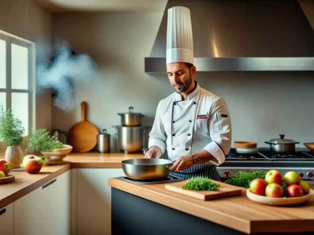 Un chef experto preparando una deliciosa Receta Trucha Normanda Manzana Crema en una cocina francesa tradicional