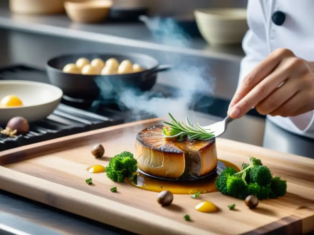 Un chef experto prepara un delicioso foie gras en una cocina bulliciosa de Lyon