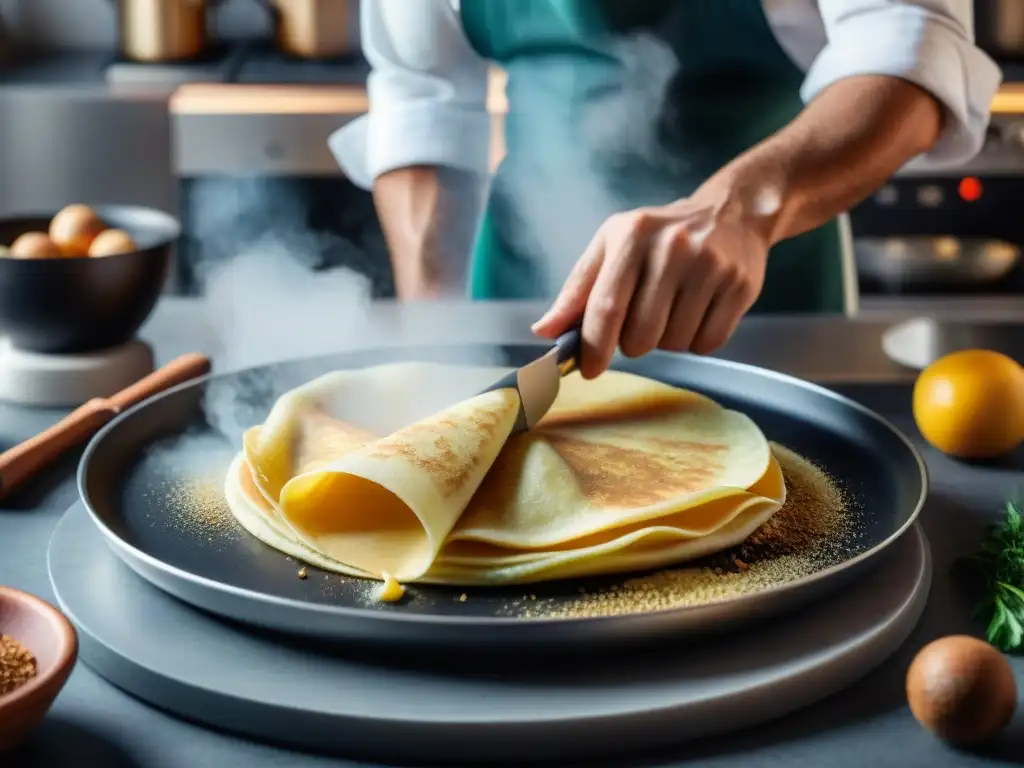 Un chef experto voltea con destreza un crepe vegano en una sartén, creando una deliciosa receta de crepes veganos receta fácil