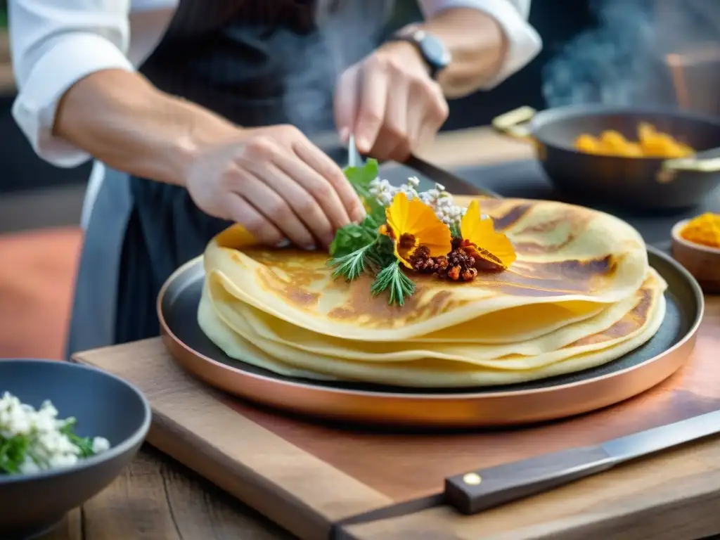 Un chef experto dobla con destreza una crêpe bretona tradicional, fusionando la cocina bretona tradicional con innovación