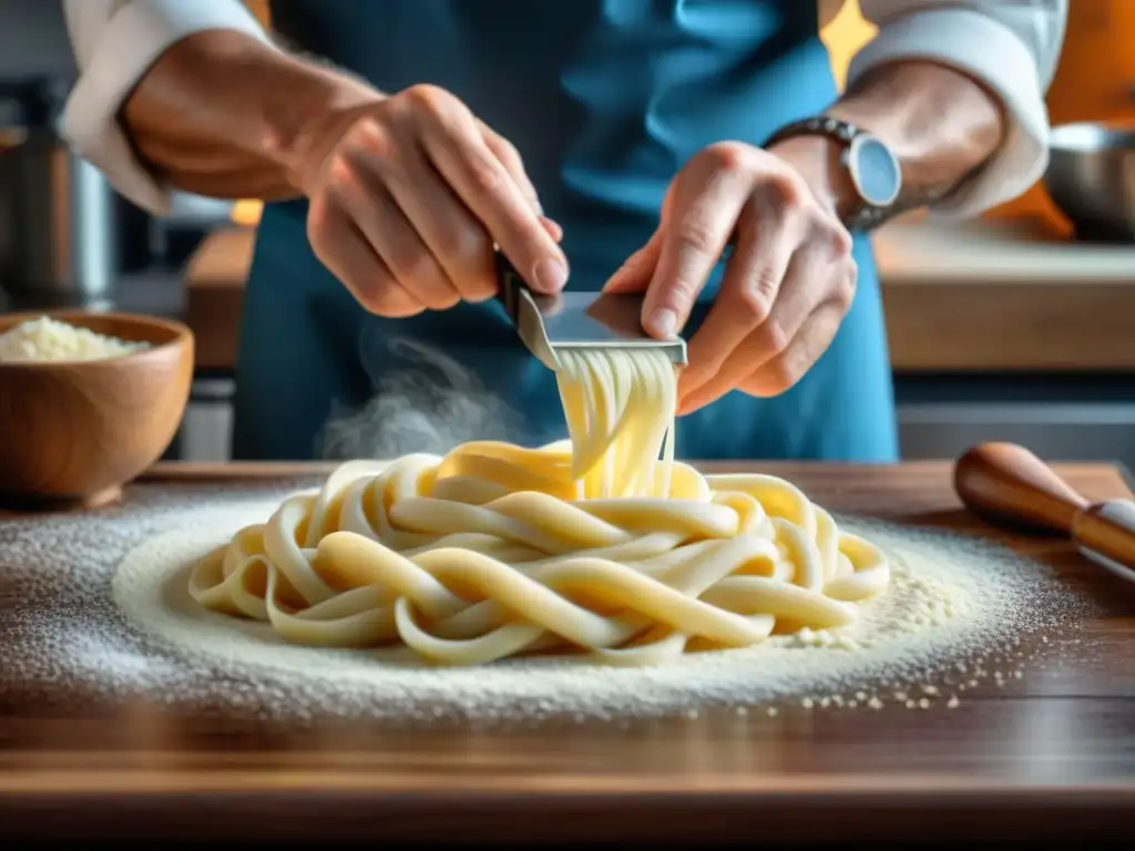 Un chef experto moldea con destreza la masa de Spätzle en una receta tradicional Alsaciana