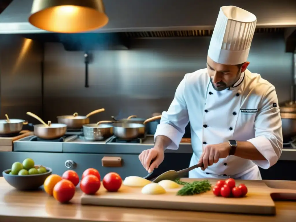 Un chef experto prepara con destreza una receta francesa en un bistró de Aviñón, mostrando la gastronomía francesa con maestría