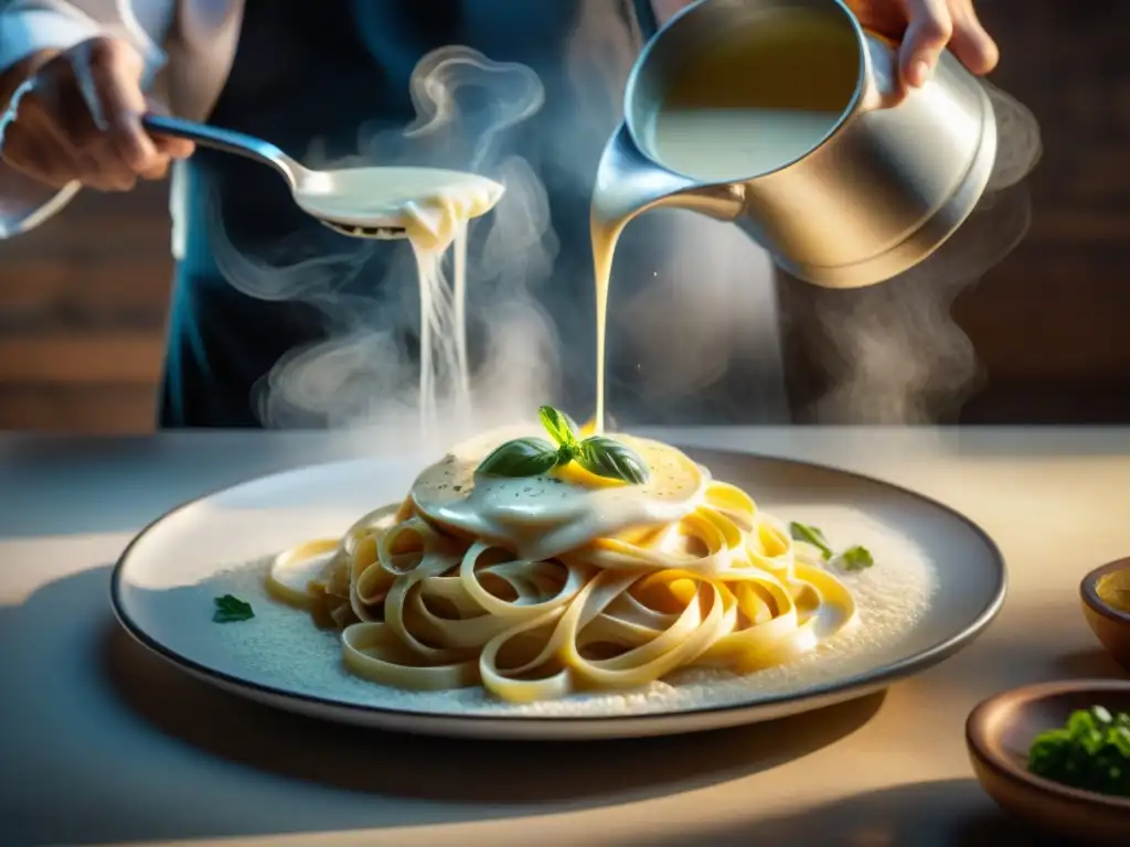 Un chef experto baña con destreza fettuccine alfredo en salsa bechamel, resaltando la diferencia entre estas salsas hermanadas