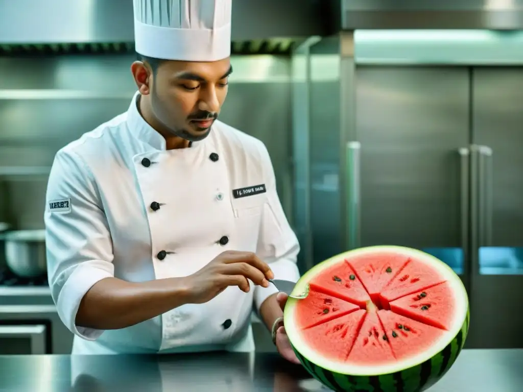 Un chef experto tallando con destreza una sandía vibrante en una cocina profesional