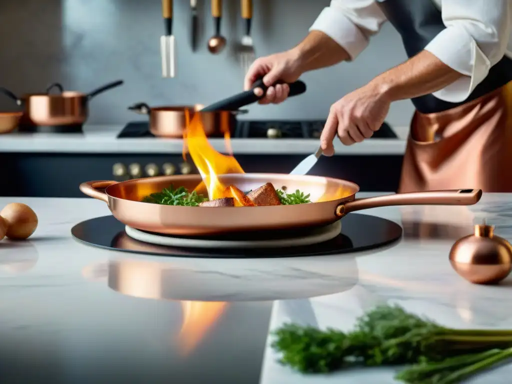 Un chef experto manejando con destreza una sartén de cobre en una cocina francesa sofisticada