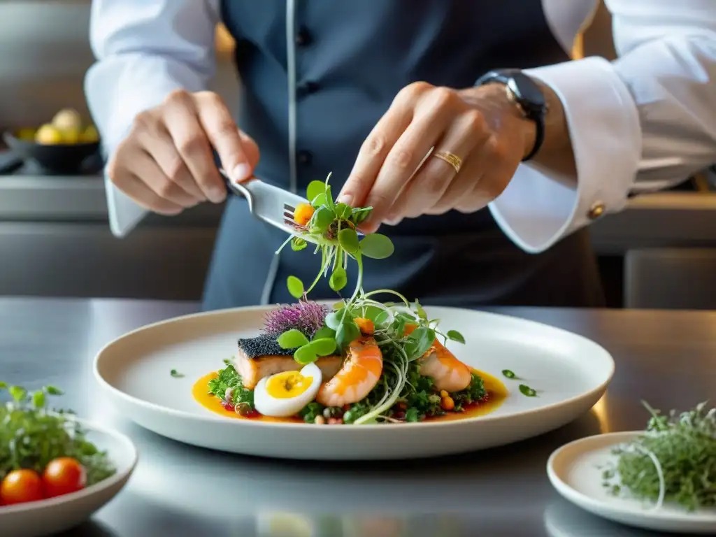 Un chef experto adorna con detalle un plato de mariscos en una cocina profesional