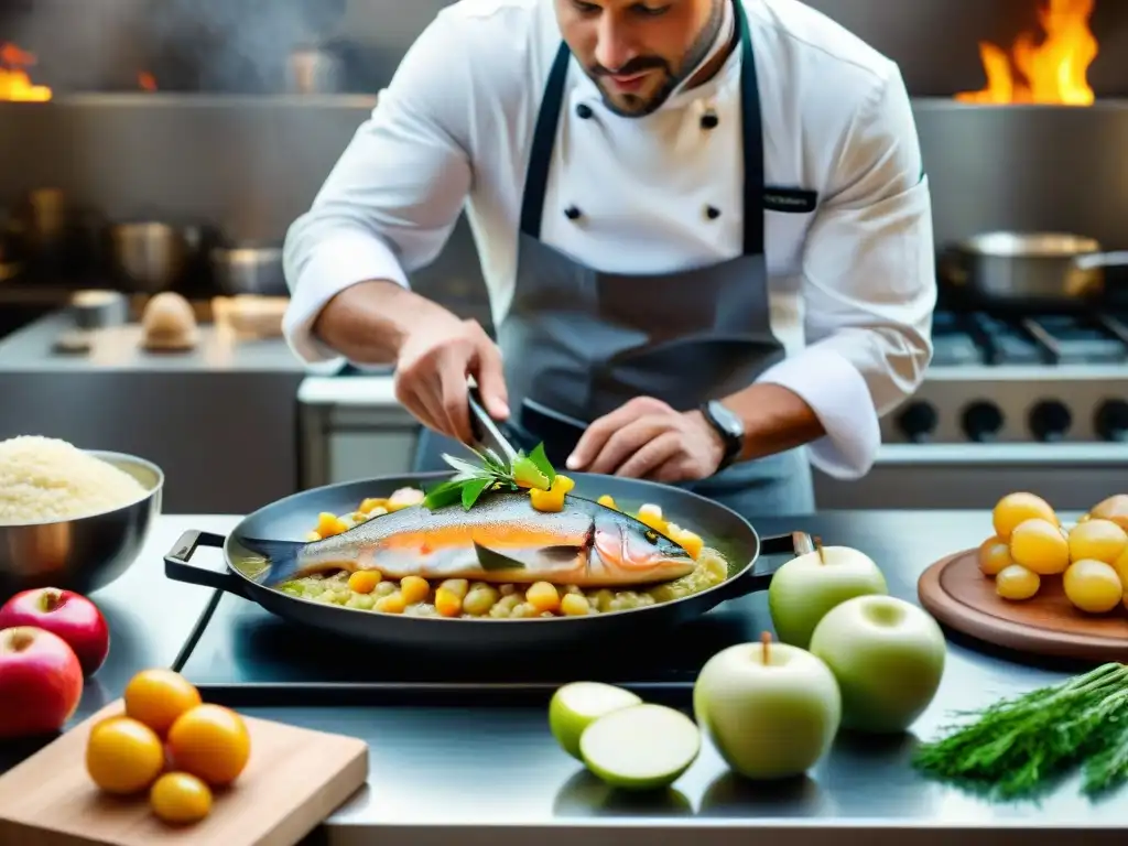 Un chef experto preparando con detalle una receta de Trucha Normanda con manzanas y crema, mostrando maestría culinaria