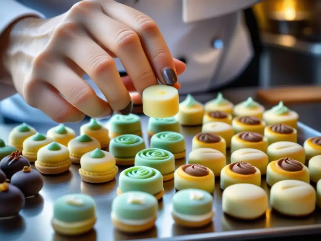 Un chef experto crea diseños intrincados con glaseado pastel en petit fours, mostrando precisión y arte en técnicas de cocina francesa en miniatura