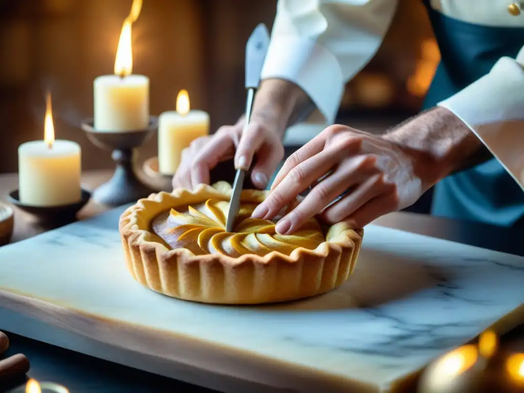 Un chef experto talla diseños en un pastel francés, mostrando la evolución del tallado en gastronomía francesa