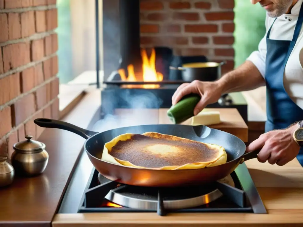 Chef francés experto voltea crepé dorado en sartén de hierro sobre cocina a gas