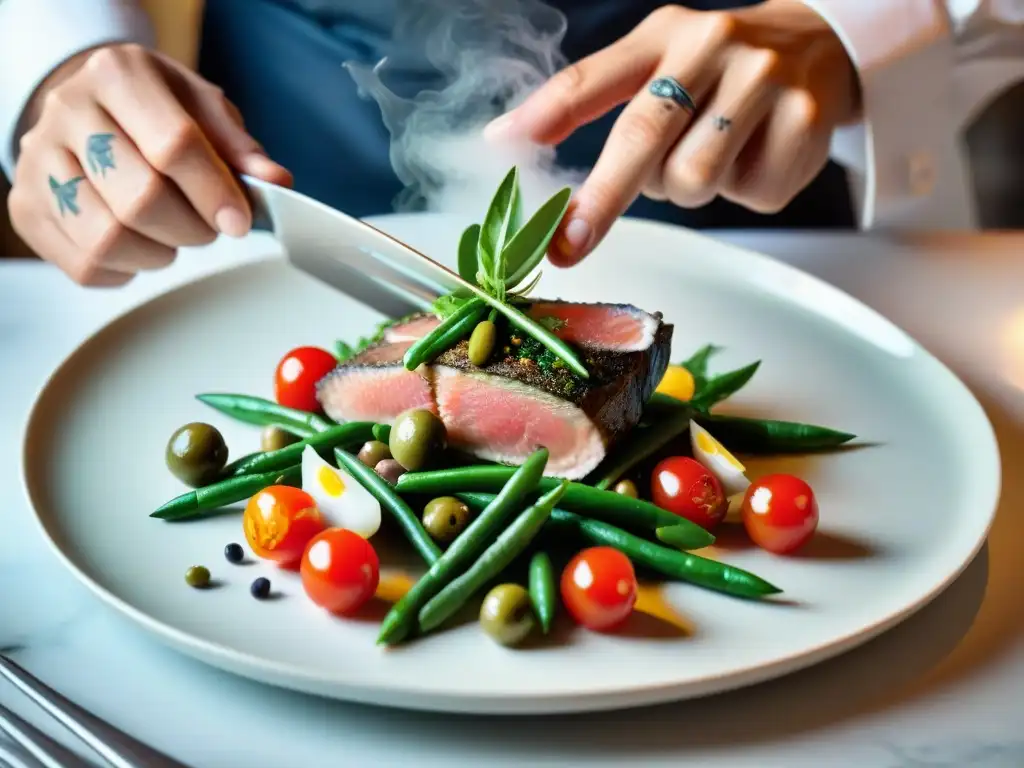 Un chef experto elaborando una ensalada Nicoise saludable con precisión y arte